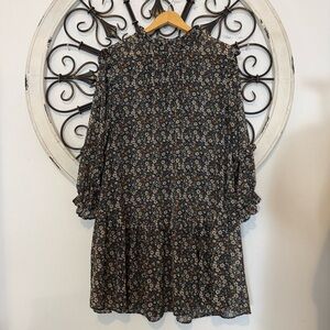 Umgee Floral Ruffle Mini Dress Boho Cottagecore Long Sleeve Navy Women’s Large